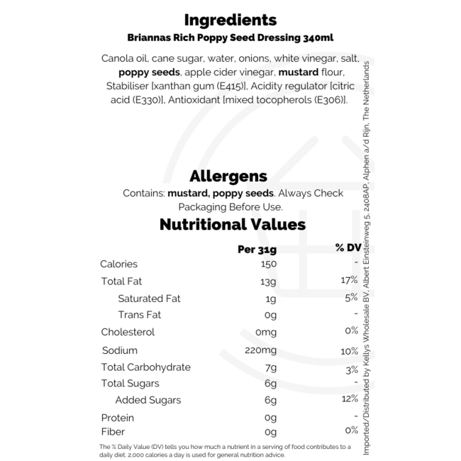 Briannas Rich Poppy Seed Dressing 340ml