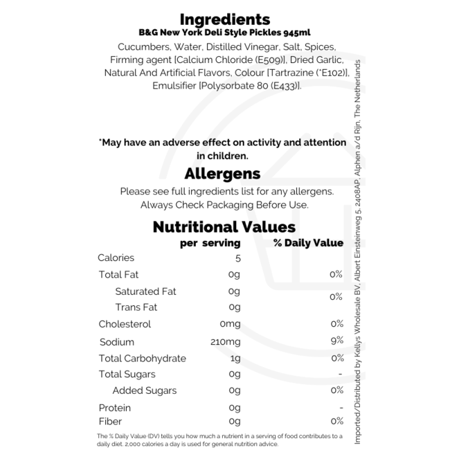 B&G New York Deli Style Pickles 945ml BBD: 06-11-2026