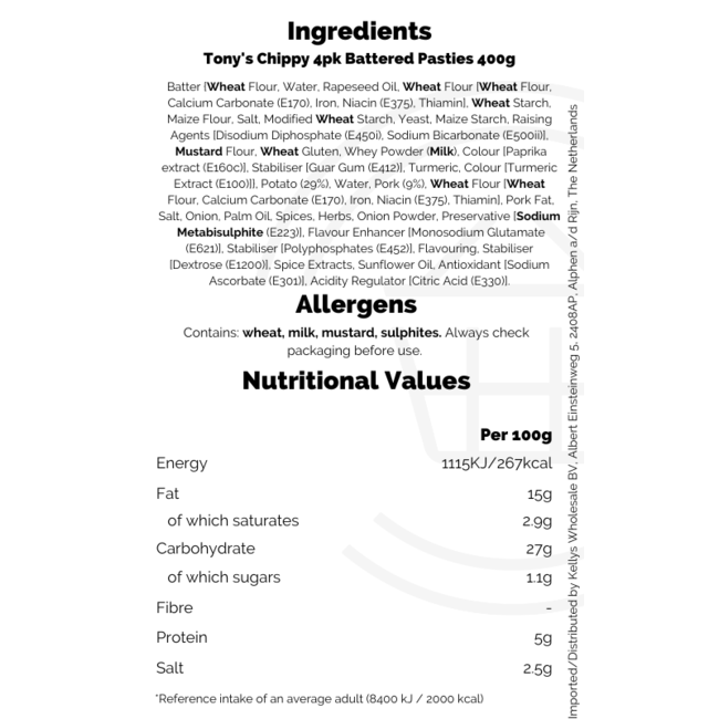 Tony's Chippy 4pk Battered Pasties 400g