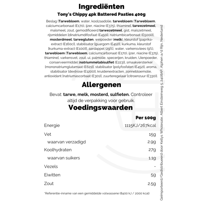 Tony's Chippy 4pk Battered Pasties 400g