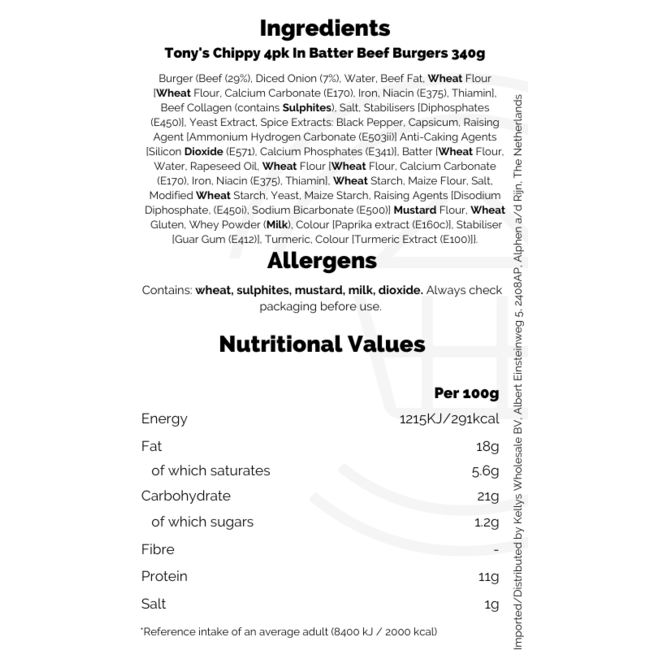 Tony's Chippy 4pk In Batter Beef Burgers 340g