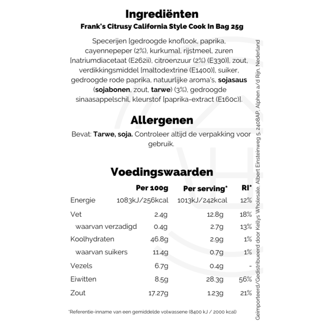Frank's Citrusy California Style Cook In Bag 25g