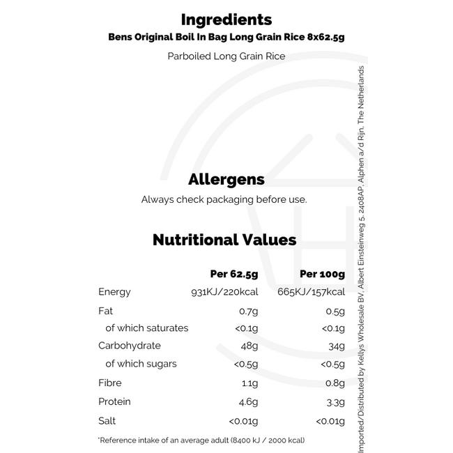 Bens Original Boil In Bag Long Grain Rice 8x62.5g