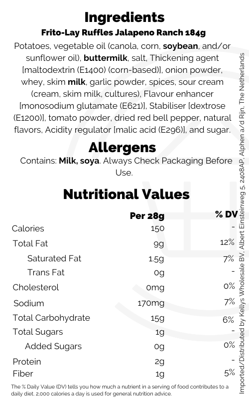 Frito-Lay Ruffles Jalapeno Ranch 184g - Kellys Expat Shopping