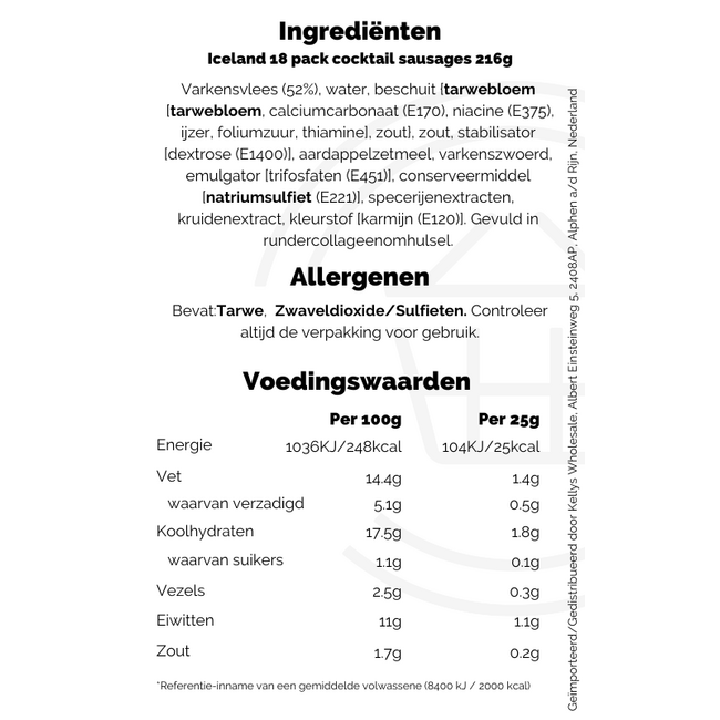Iceland 18 pack cocktail sausages 216g