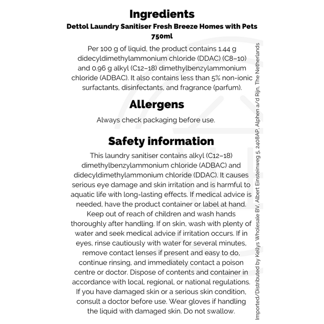 Dettol Laundry Sanitiser Fresh Breeze Homes with Pets 750ml