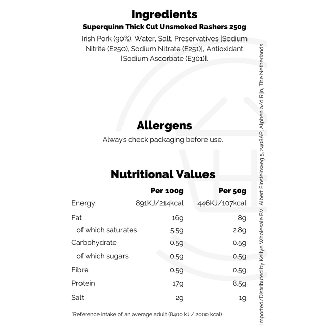 Superquinn Thick Cut Unsmoked Rashers 250g