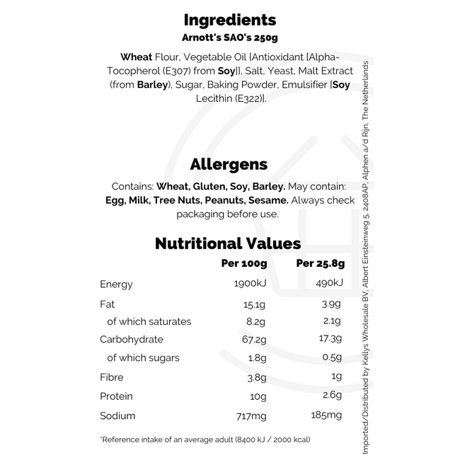 Arnott's SAO's 250g BBD: 22-09-2026