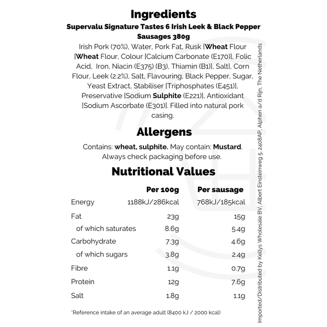 Signature Tastes Irish Pork Leek & Black Pepper Sausages 6pk 380g