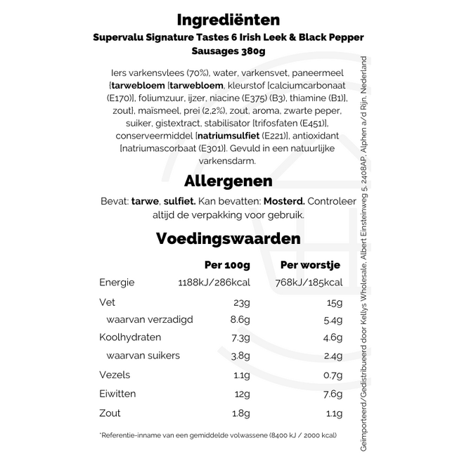 Signature Tastes Irish Pork Leek & Black Pepper Sausages 6pk 380g