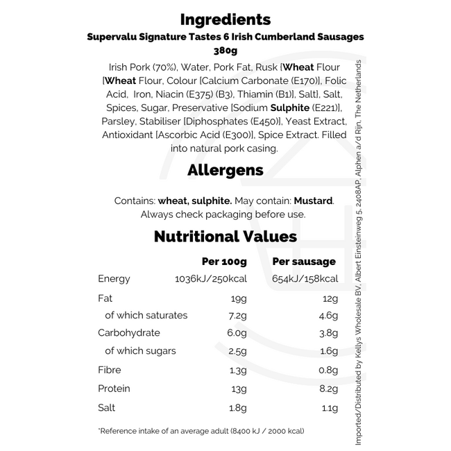 Signature Tastes Irish Pork Cumberland Sausages 6pk 380g