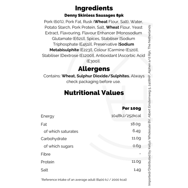 Denny & Sons Skinless Pork Sausages 8pk 227g