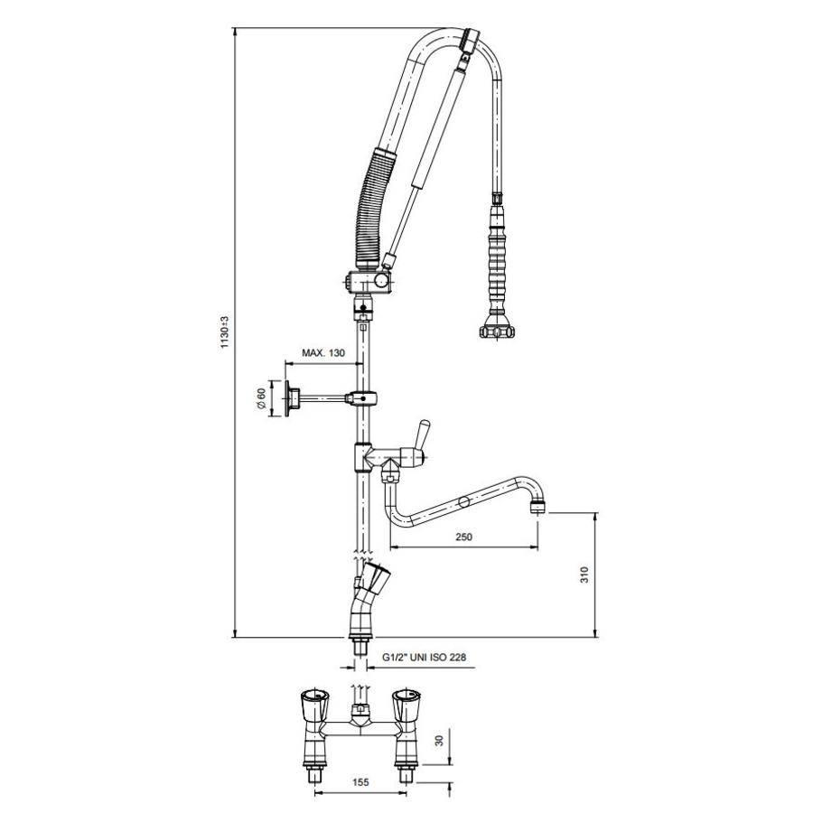 Douchette de Prelavage Double Trou Boutons + Robinet Intermed 1/4 Tour - Avec Pompe