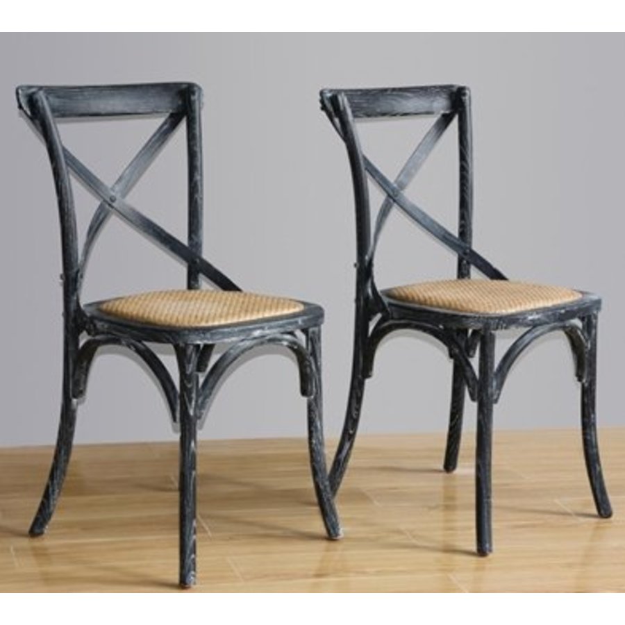 Chaises | bois patiné | dossier croisé noires | Lot de 2 |