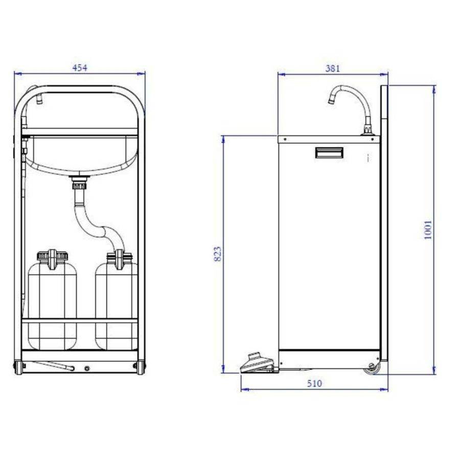 Lavabo mobile avec 2 jerrycans de 13 litres à commande au pied