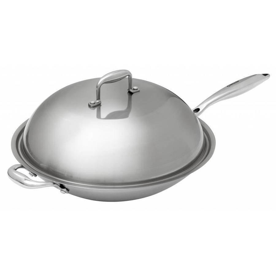 Wok poêle en acier inoxydable fond rond avec couvercle | 38 cm Ø