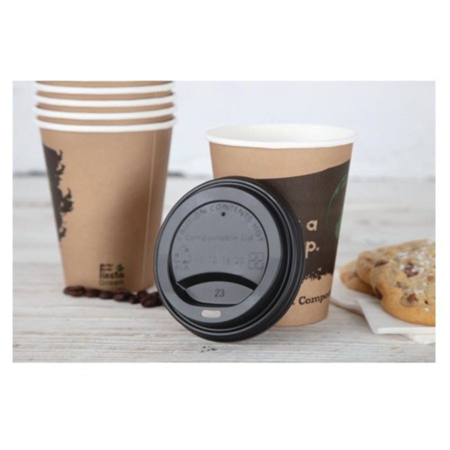 Couvercles noirs gobelets boissons chaudes CPLA compostables Fiesta Compostable 340 ml | 93mm (lot de 50)