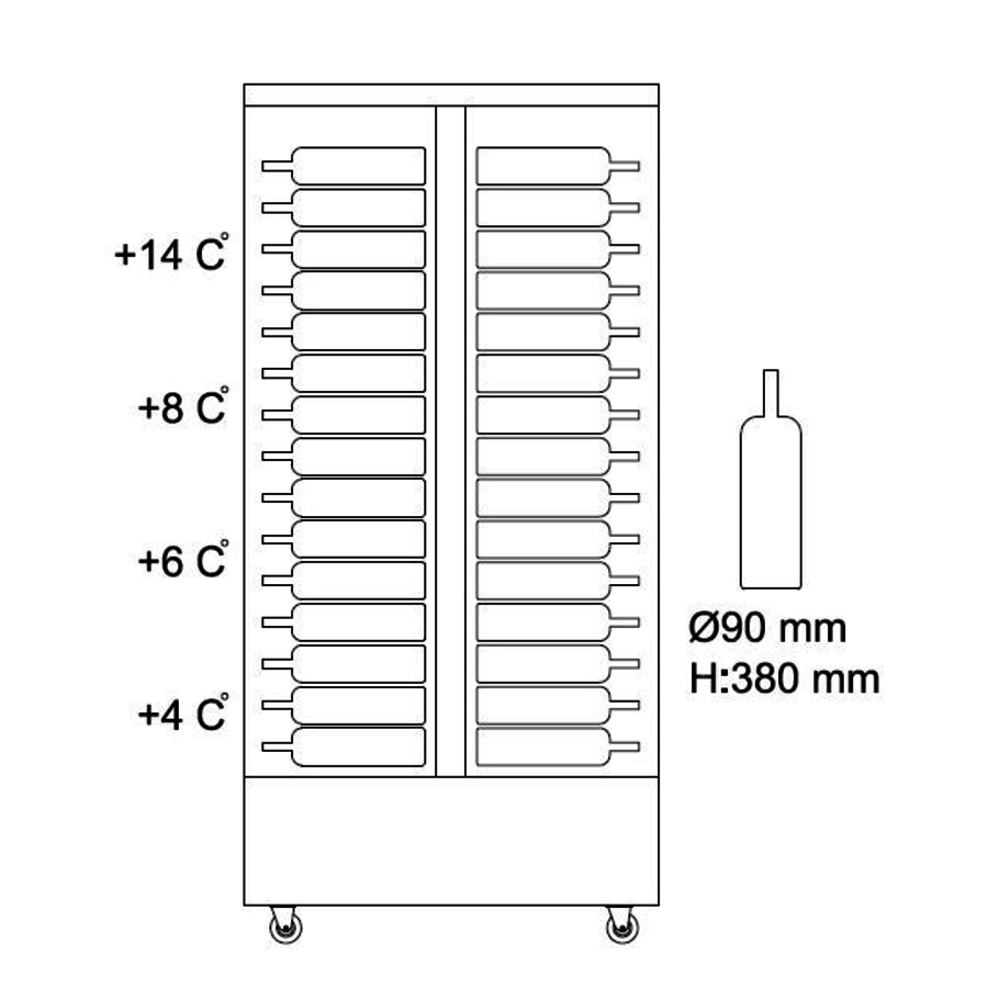 Cave à vin mono-zone 120 bouteilles 2 portes vitrées 62Px100Lx206H