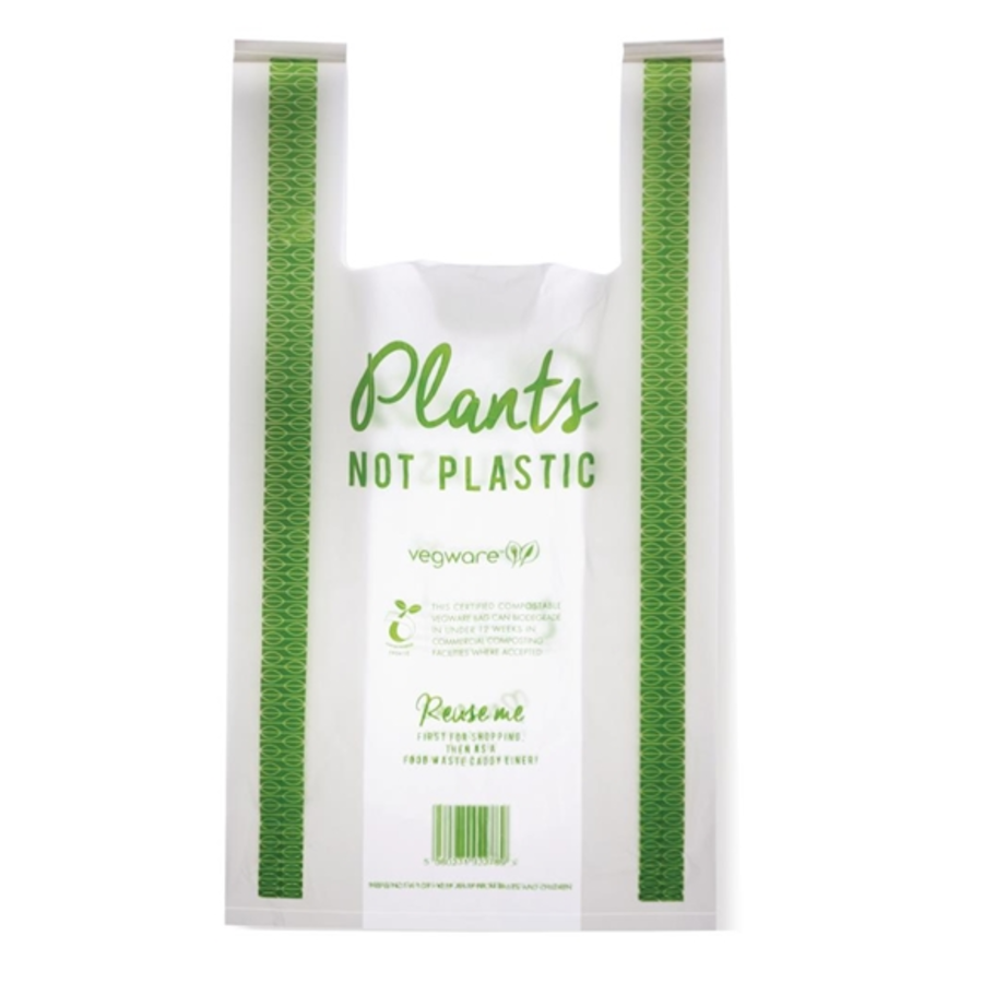 Sacs bretelles blanc et vert compostables en PLA Vegware taille moyenne | 540 x 80mm (lot de 500)