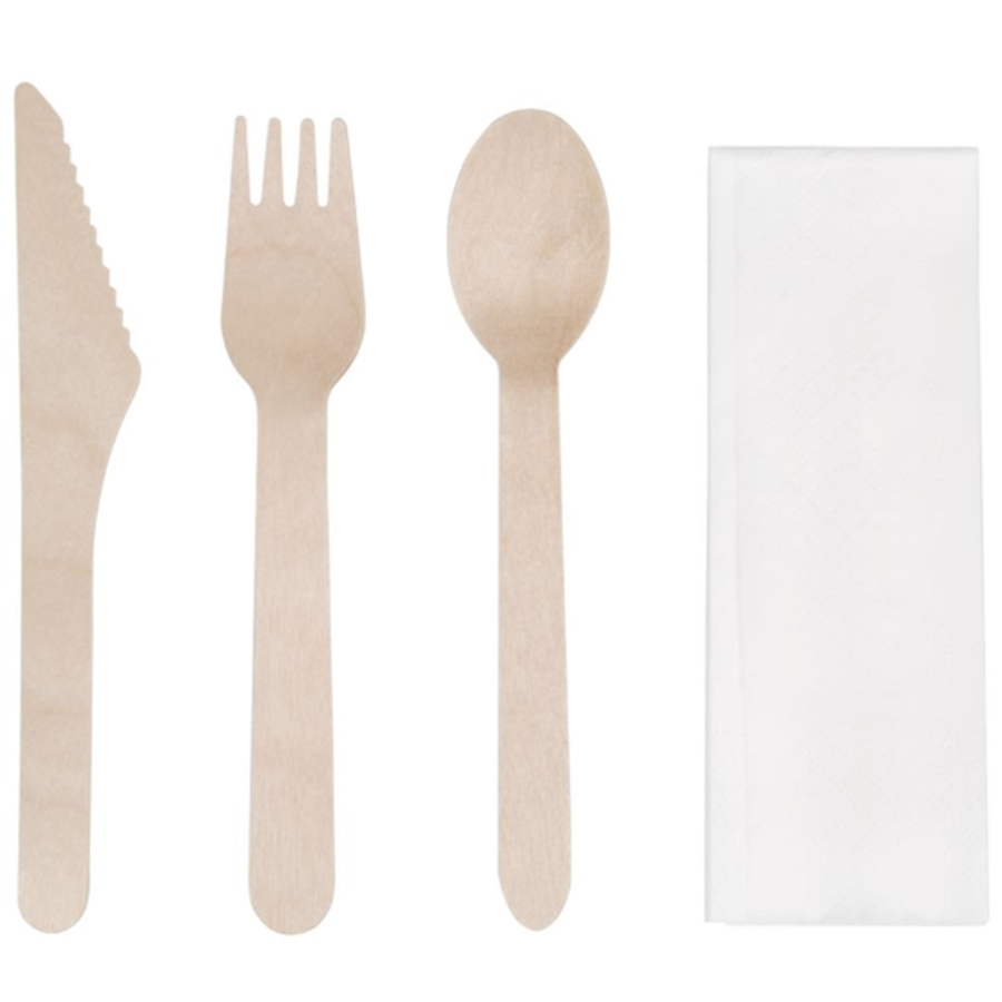 Sachets repas couverts en bois avec serviette blanche Fiesta Compostable | 85mm (Lot de 250)