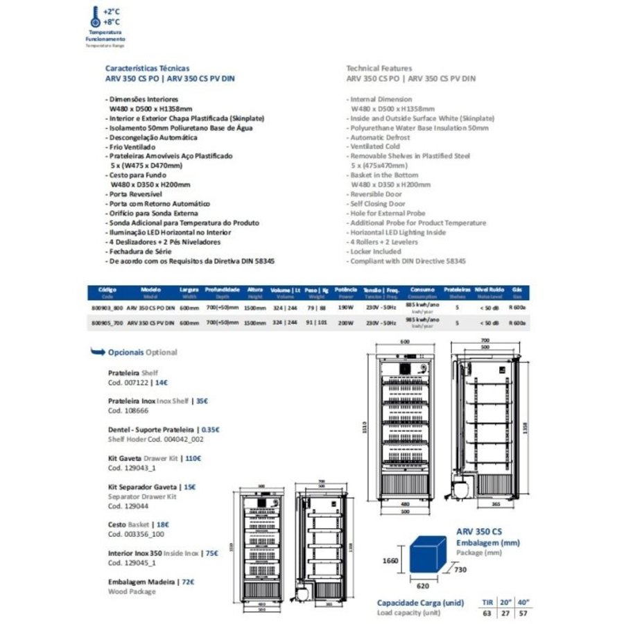 Armoire vitree pharmacie refrigiree +2°/+8°C 60 x 75 x 150cm