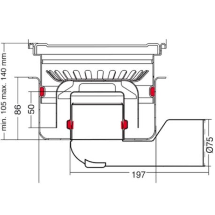 Sortie de déchets | acier inoxydable | 75l/min | 200 x 200 mm