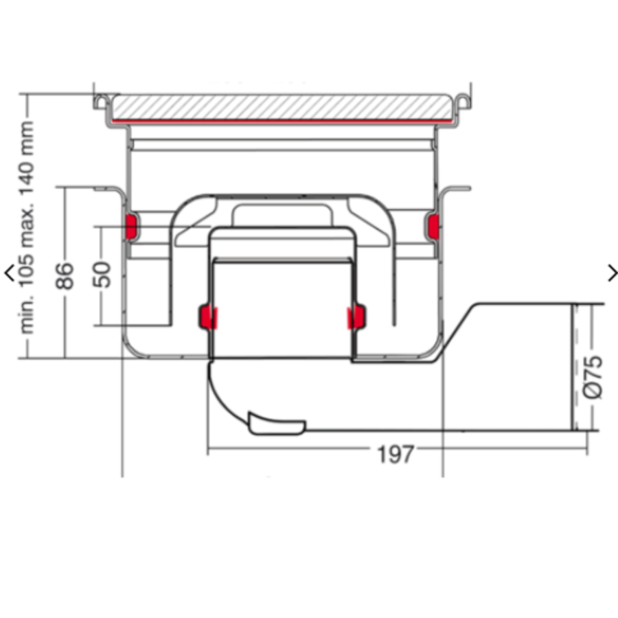 Sortie de déchets en acier inoxydable | 75l/min | 200 x 200 mm