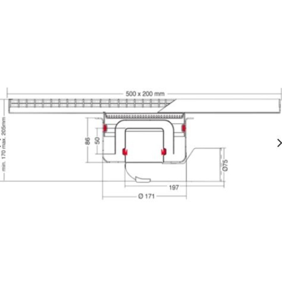 Sortie de déchets | acier inoxydable | 500 L x 200 W mm