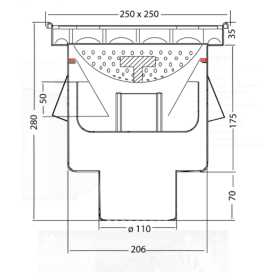 Drain industriel  en acier inoxydable | 250 x 250 mm