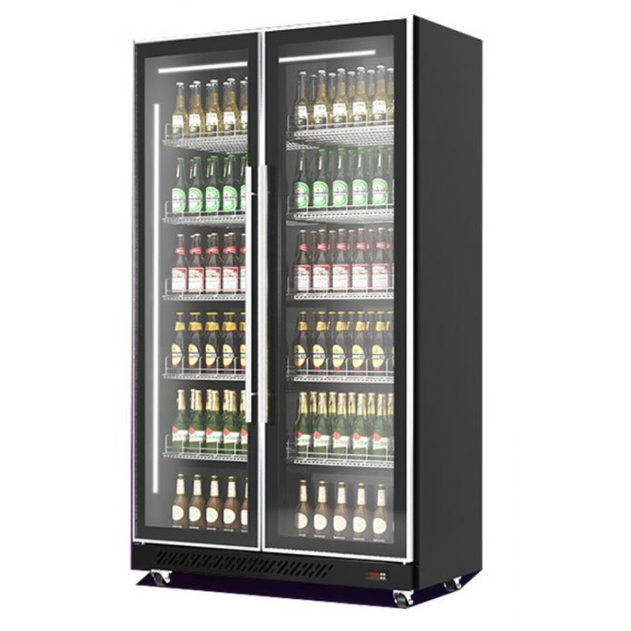 Réfrigérateur pour boissons 2 portes pivotantes en verre | Noir | 1,1 x 0,6 x 1,98 m