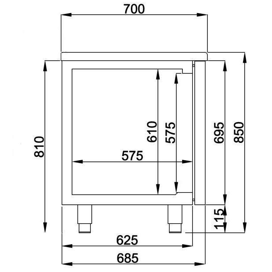 Table réfrigérée | Inox | 3 portes & 2 tiroirs | 2,33 x 0,7 x 0,85 m