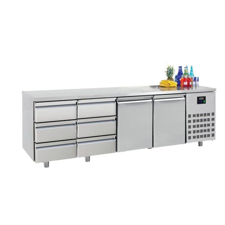 Table réfrigérée | Inox | 2 portes & 6 tiroirs | 2,33 x 0,7 x 0,85 m