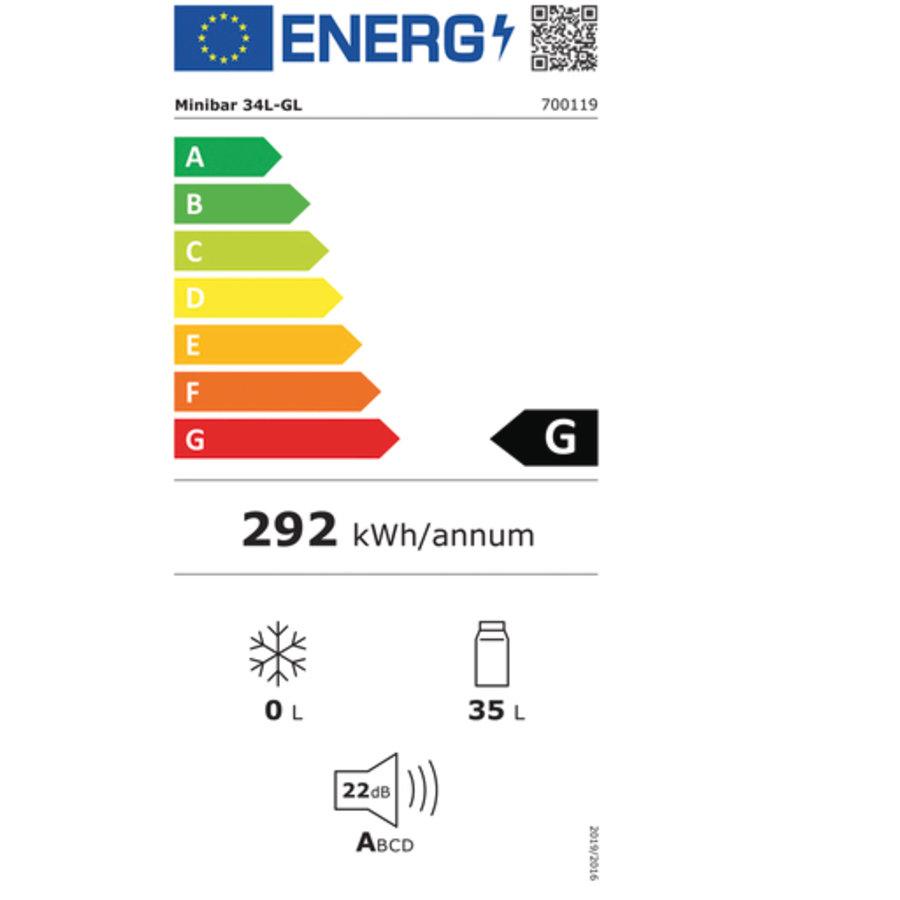 Minibar 34L-GL / Porte battante / 400 x 445 x 550 mm