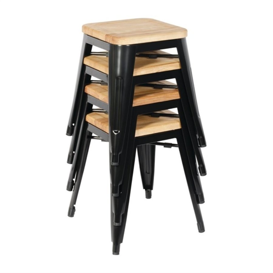 Tabourets bistro bas en acier noir avec assise en bois l 455(H) x 405(L) x 405(P) mm l Lot de 4