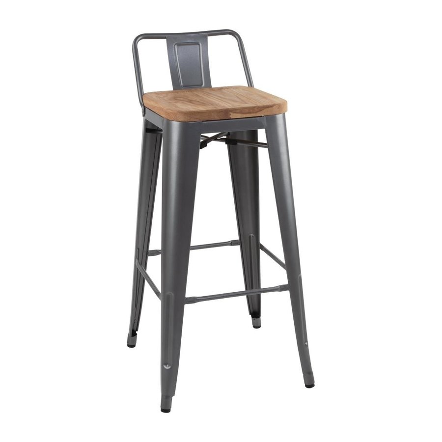 Tabourets bistro hauts avec dossier l Acier gris métallisé avec assise en bois l 900(H) x 430(L) x 450(P) mm l Lot de 4