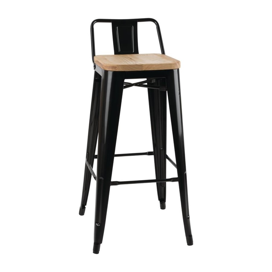 Tabourets bistro hauts avec dossier l Acier noir avec assise en bois l 90(H) x 43(L) x 45(P) cm l Lot de 4