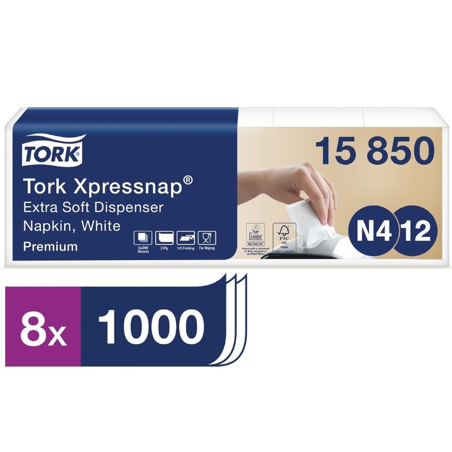 Serviettes blanches pour distributeur Tork Xpressnap 559(H) x 404(L) x 353(P) mm