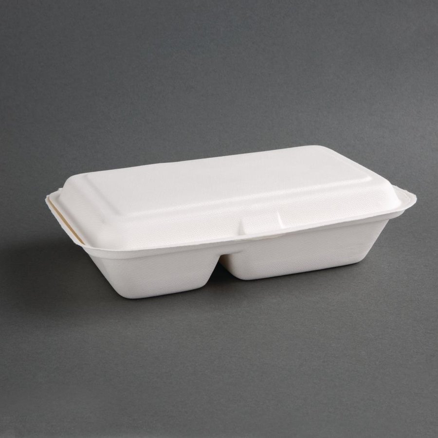 Boîtes 2 compartiments en bagasse avec couvercle à charnière compostables | 65 x 165 x 253mm (lot de 200)