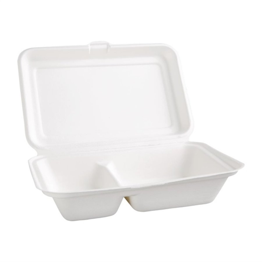 Boîtes 2 compartiments en bagasse avec couvercle à charnière compostables | 65 x 165 x 253mm (lot de 200)