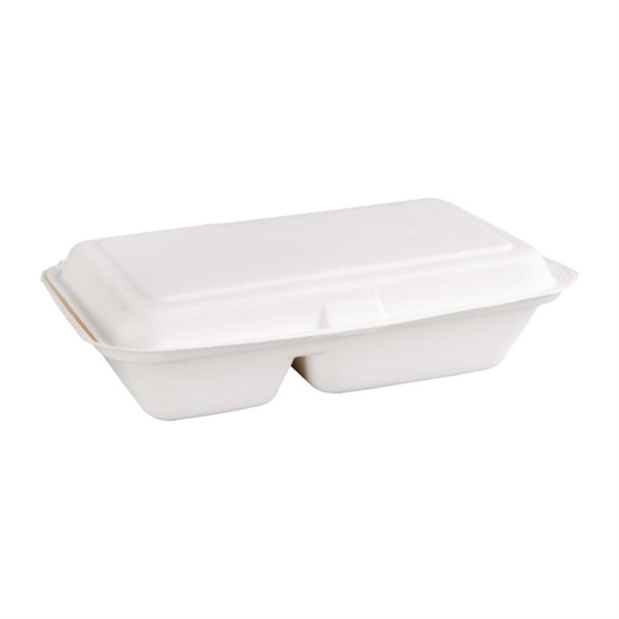 Boîtes 2 compartiments en bagasse avec couvercle à charnière compostables | 65 x 165 x 253mm (lot de 200)