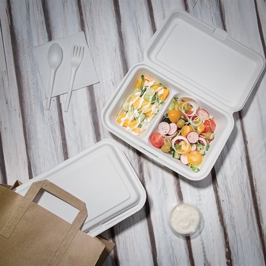 Boîtes 2 compartiments en bagasse avec couvercle à charnière compostables | 65 x 165 x 253mm (lot de 200)