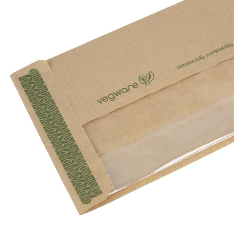 Sachets baguette kraft compostables avec fenêtre transparente PLA Vegware | 356 x 152 x 102mm (lot de 1000)