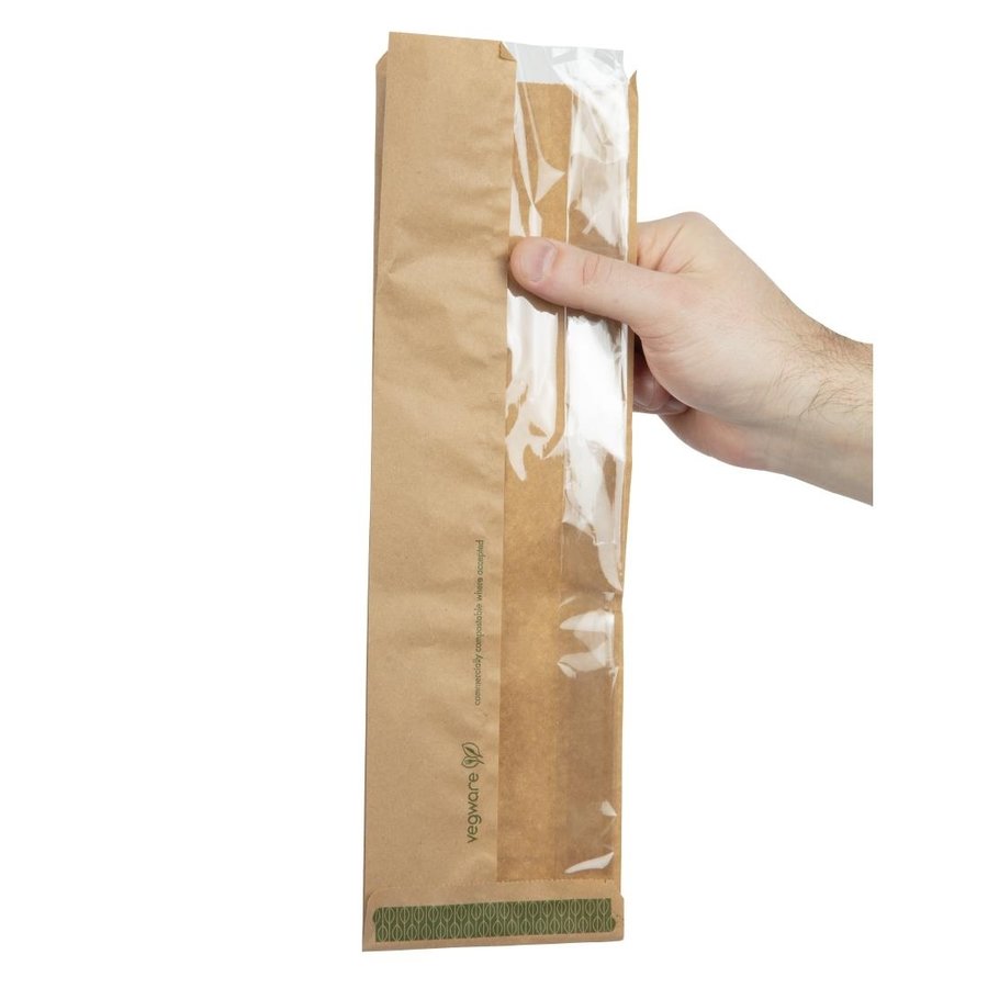 Sachets baguette kraft compostables avec fenêtre transparente PLA Vegware | 356 x 152 x 102mm (lot de 1000)