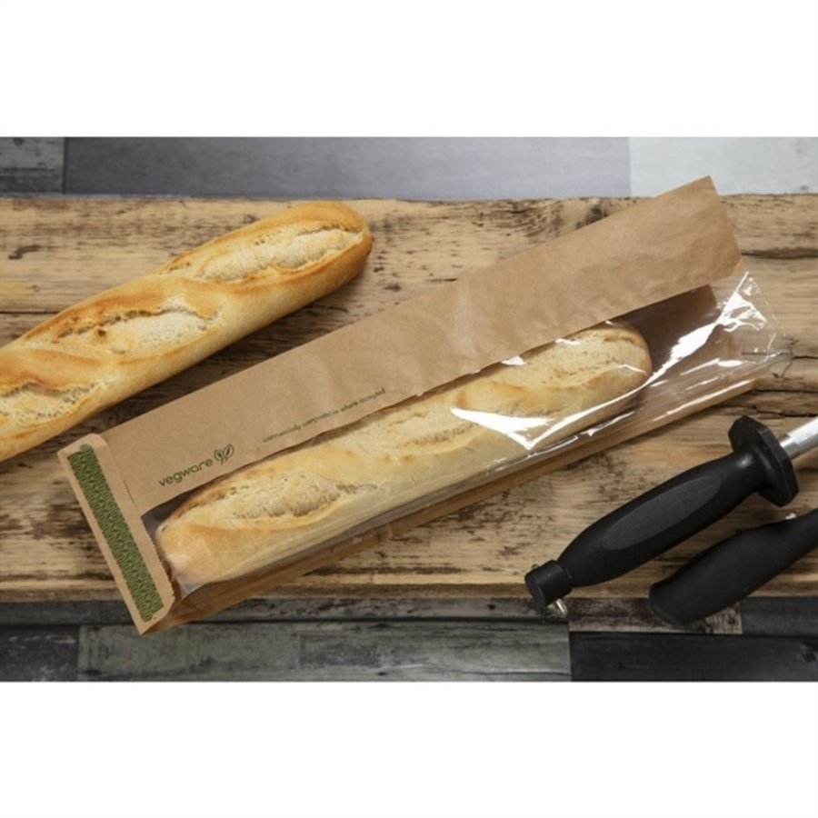 Sachets baguette kraft compostables avec fenêtre transparente PLA Vegware | 356 x 152 x 102mm (lot de 1000)