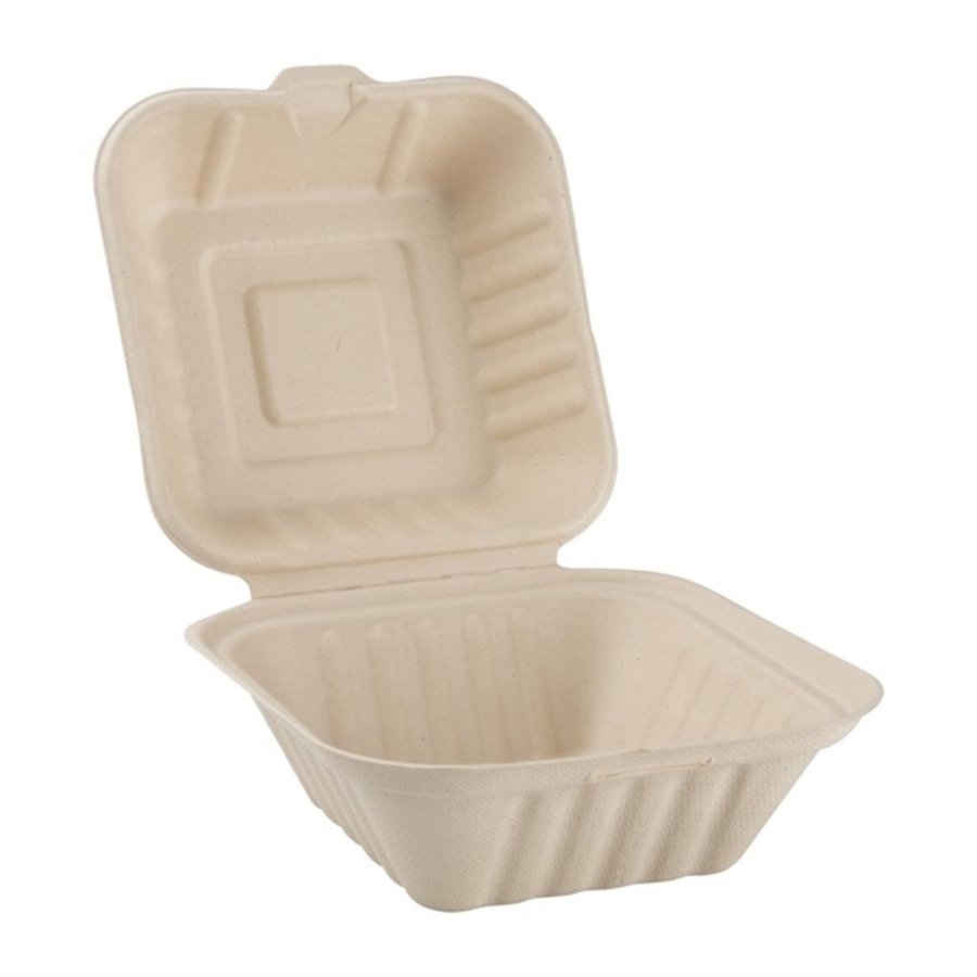 Boîtes hamburger compostables en bagasse coloris naturel Compostable | 81 x 149 x 152mm (lot de 500)