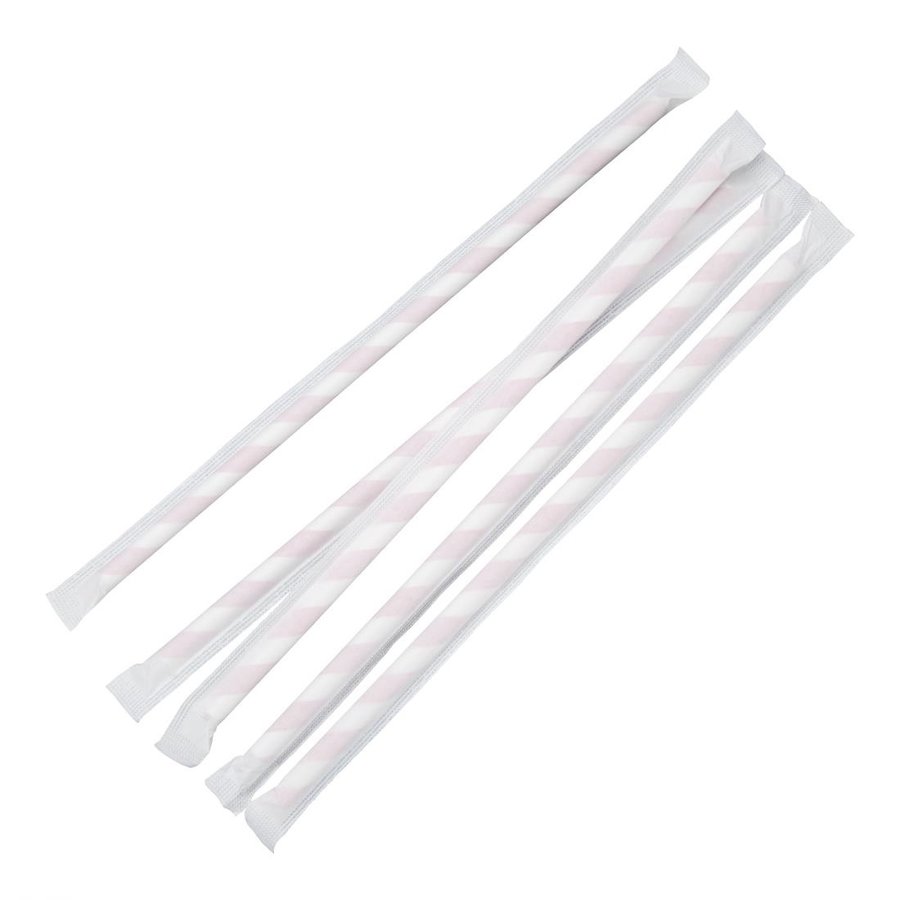 Pailles compostables en papier emballées individuellement Fiesta Compostable à rayures rouges et blanches | 210 x 6 mm (lot de 250)