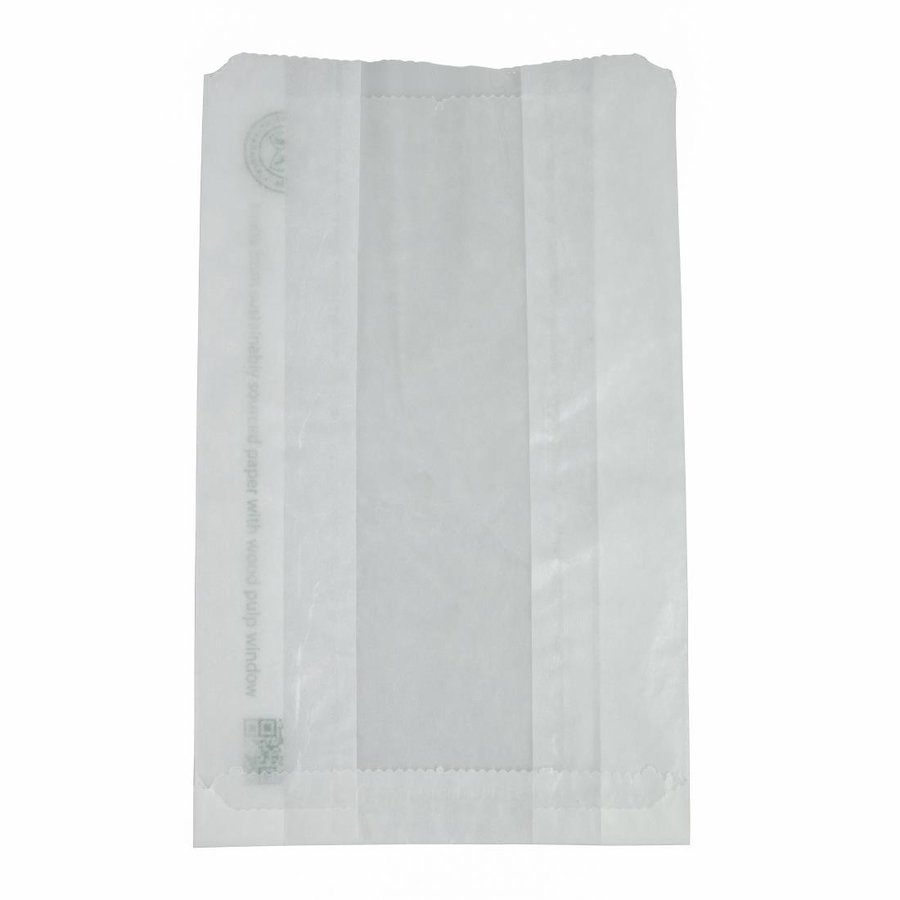 Grands sacs snack chaud en papier glassine blanc compostable avec fenêtre transparente NatureFlex Vegware | 250 x 65 x 150mm (lot de 500)
