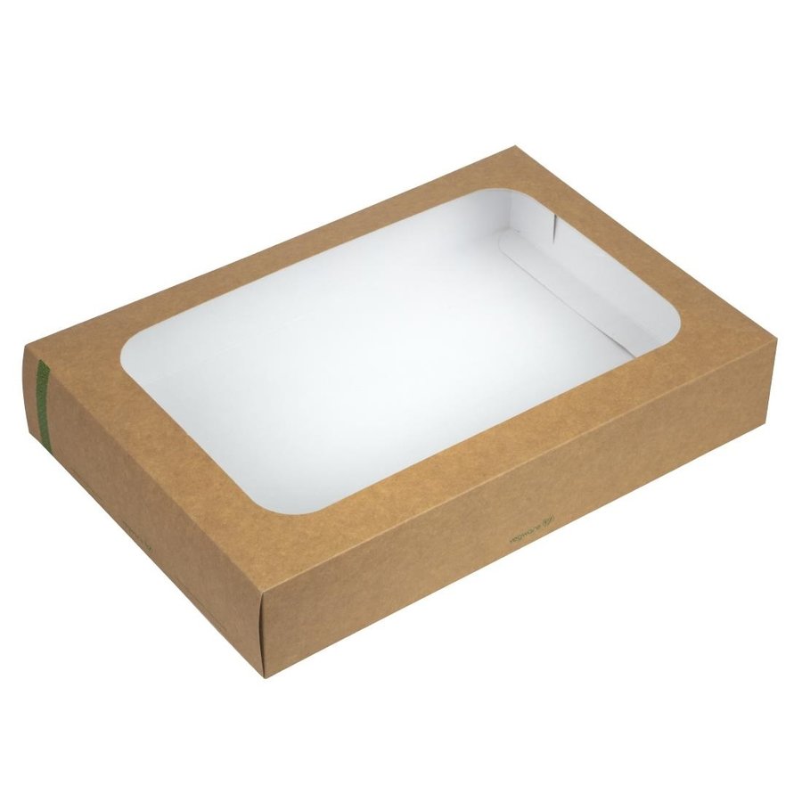 Grandes boîtes en PLA compostables avec plateau et couvercle à fenêtre Vegware | 82 x 310 x 450mm (Lot de 25)