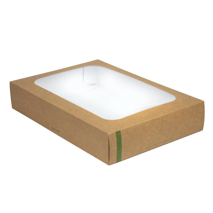 Grandes boîtes en PLA compostables avec plateau et couvercle à fenêtre Vegware | 82 x 310 x 450mm (Lot de 25)