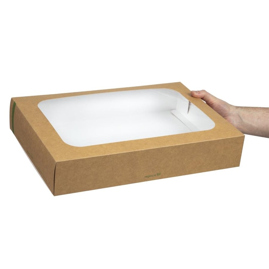 Grandes boîtes en PLA compostables avec plateau et couvercle à fenêtre Vegware | 82 x 310 x 450mm (Lot de 25)